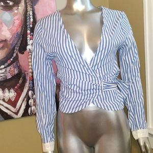 Dicloud light blue white wrapped blouse top shirt wrap classic medium striped